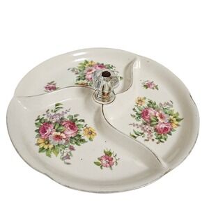 Vintage Made In Japan Serving Dish 8.5" Cream Floral Divided Candy Tray Handle
